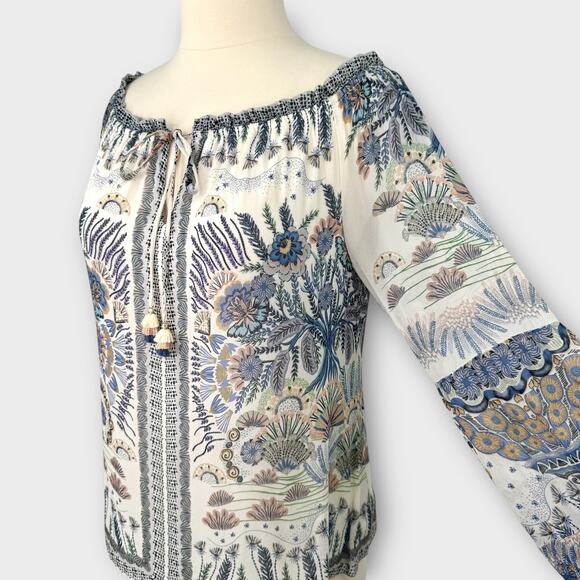 Hale Bob Blouse Size L Boho Floral Off Shoulder Bohemian Peasant Long Sleeve Top - Picture 1 of 12